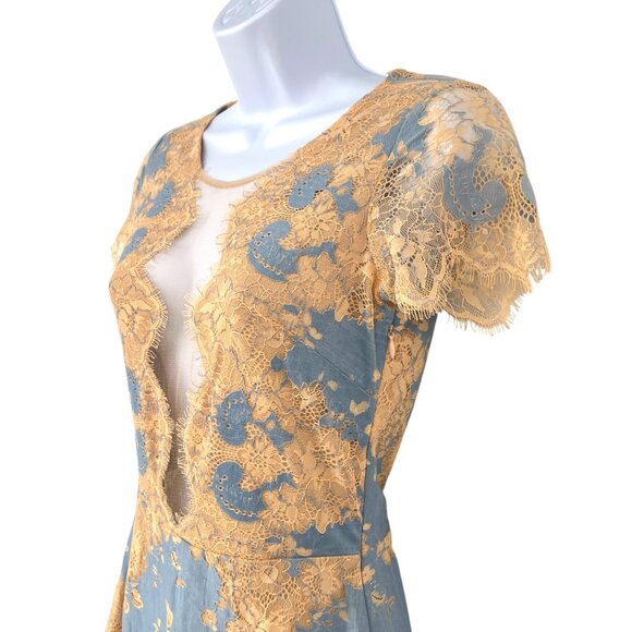 Storia Floral Lace Mesh Short Sleeve Mini Dress Blue Beige Size Small - Picture 5 of 13